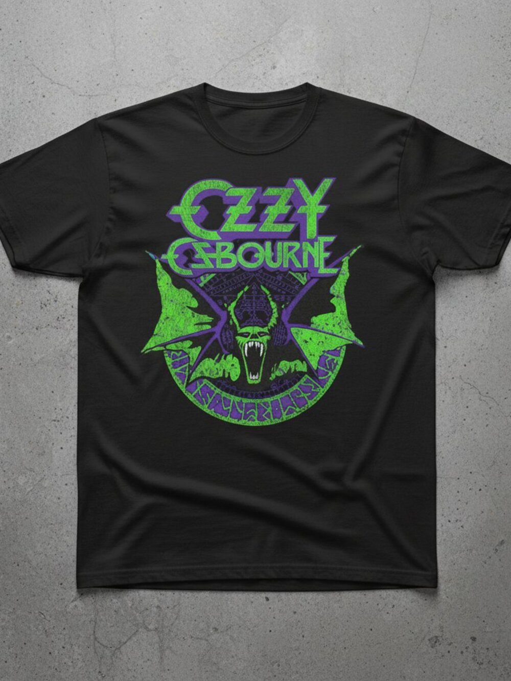Ozzy Osbourne Bat Graphic T-Shirt Gothic Heavy Metal Neon Green Purple Rock Tee